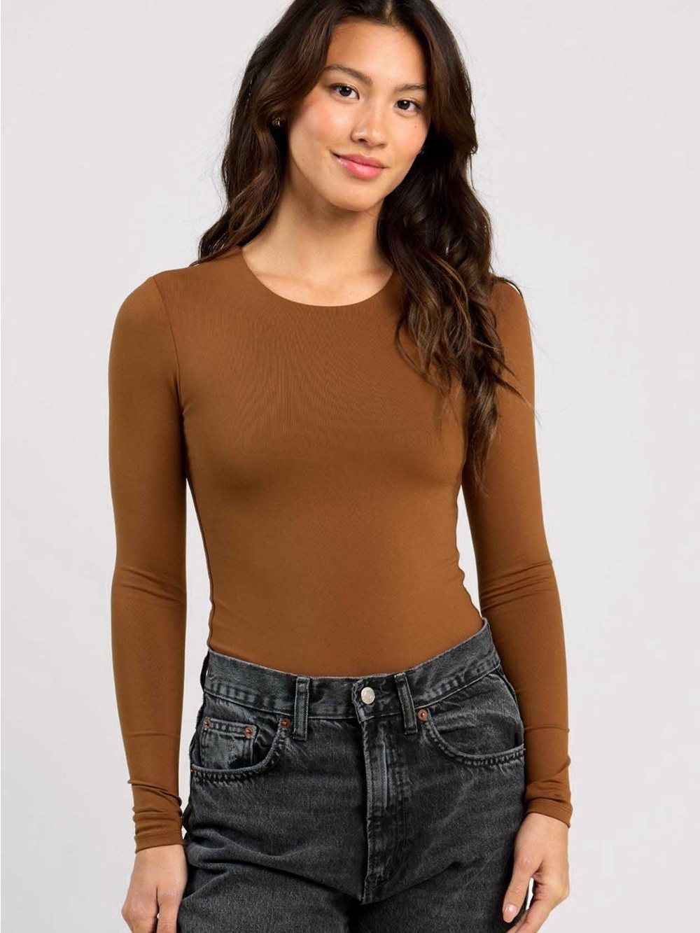 Nuuds Long Sleeve Crewneck Bodysuit Size Small in Chocolate